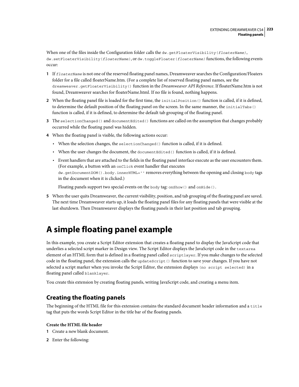 A simple floating panel example, Creating the floating panels | Adobe Extending Dreamweaver CS4 User Manual | Page 229 / 387