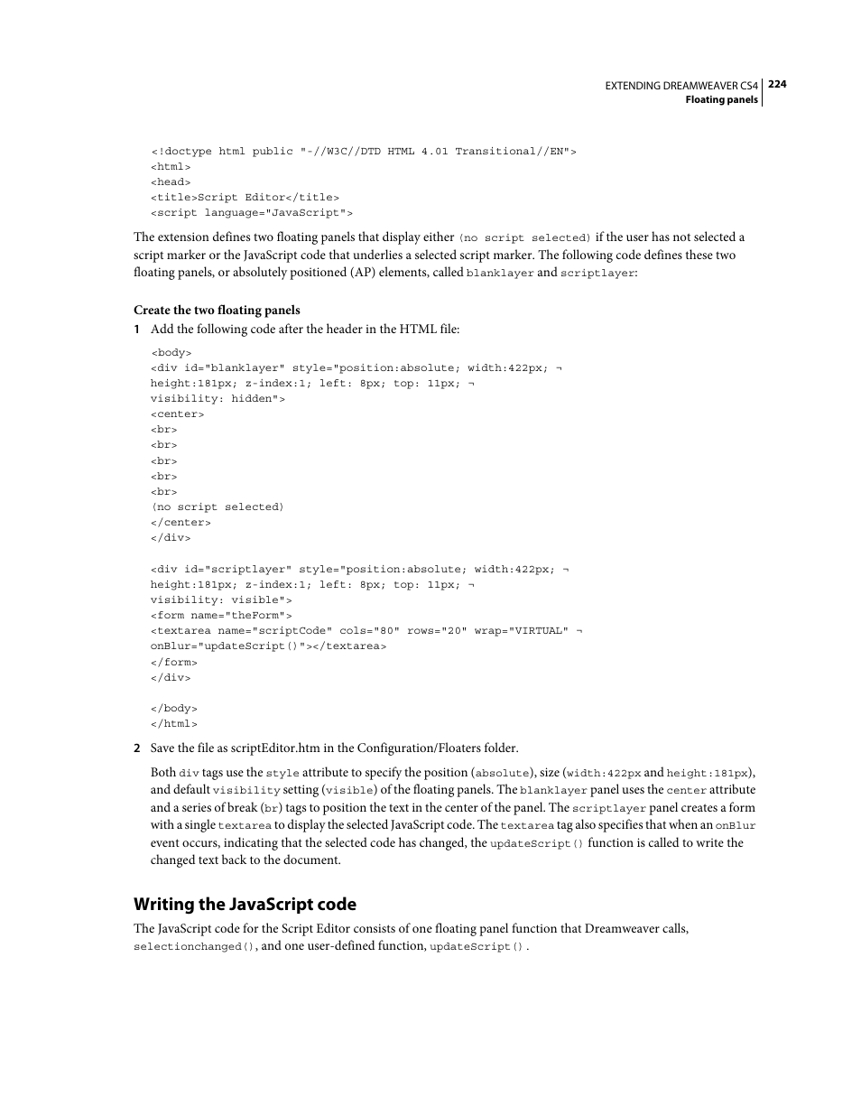 Writing the javascript code | Adobe Extending Dreamweaver CS4 User Manual | Page 230 / 387