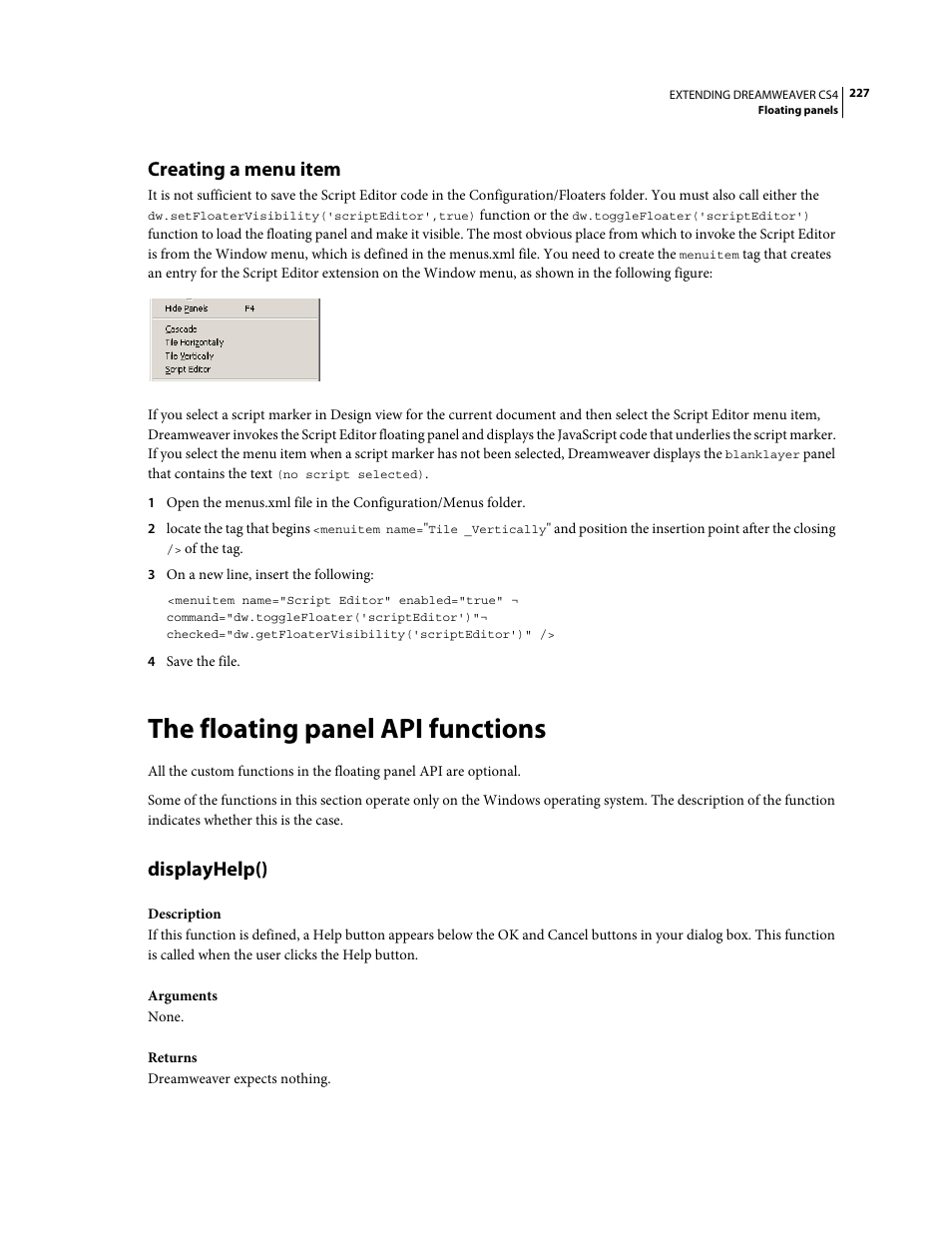 Creating a menu item, The floating panel api functions, Displayhelp() | Adobe Extending Dreamweaver CS4 User Manual | Page 233 / 387