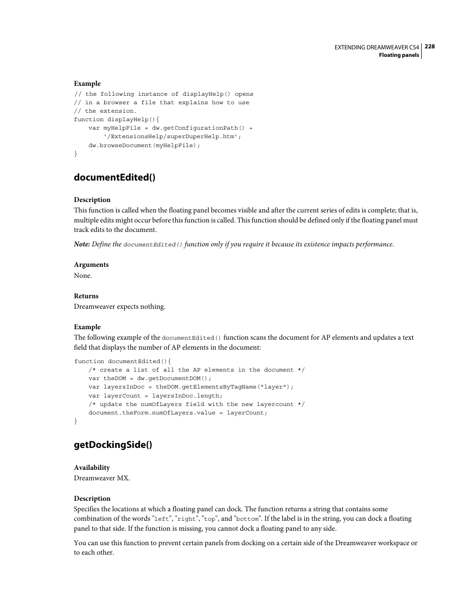 Documentedited(), Getdockingside() | Adobe Extending Dreamweaver CS4 User Manual | Page 234 / 387