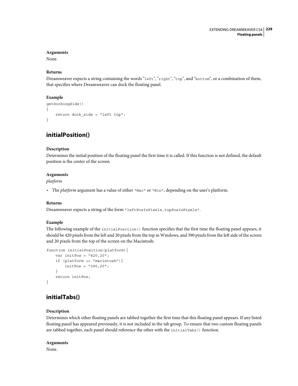 Initialposition(), Initialtabs() | Adobe Extending Dreamweaver CS4 User Manual | Page 235 / 387