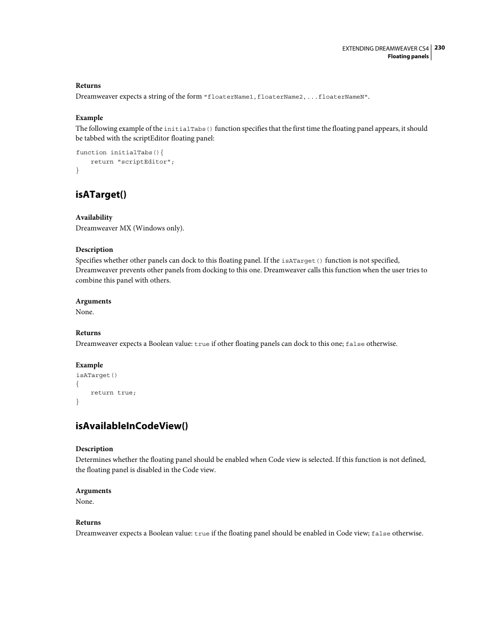 Isatarget(), Isavailableincodeview() | Adobe Extending Dreamweaver CS4 User Manual | Page 236 / 387