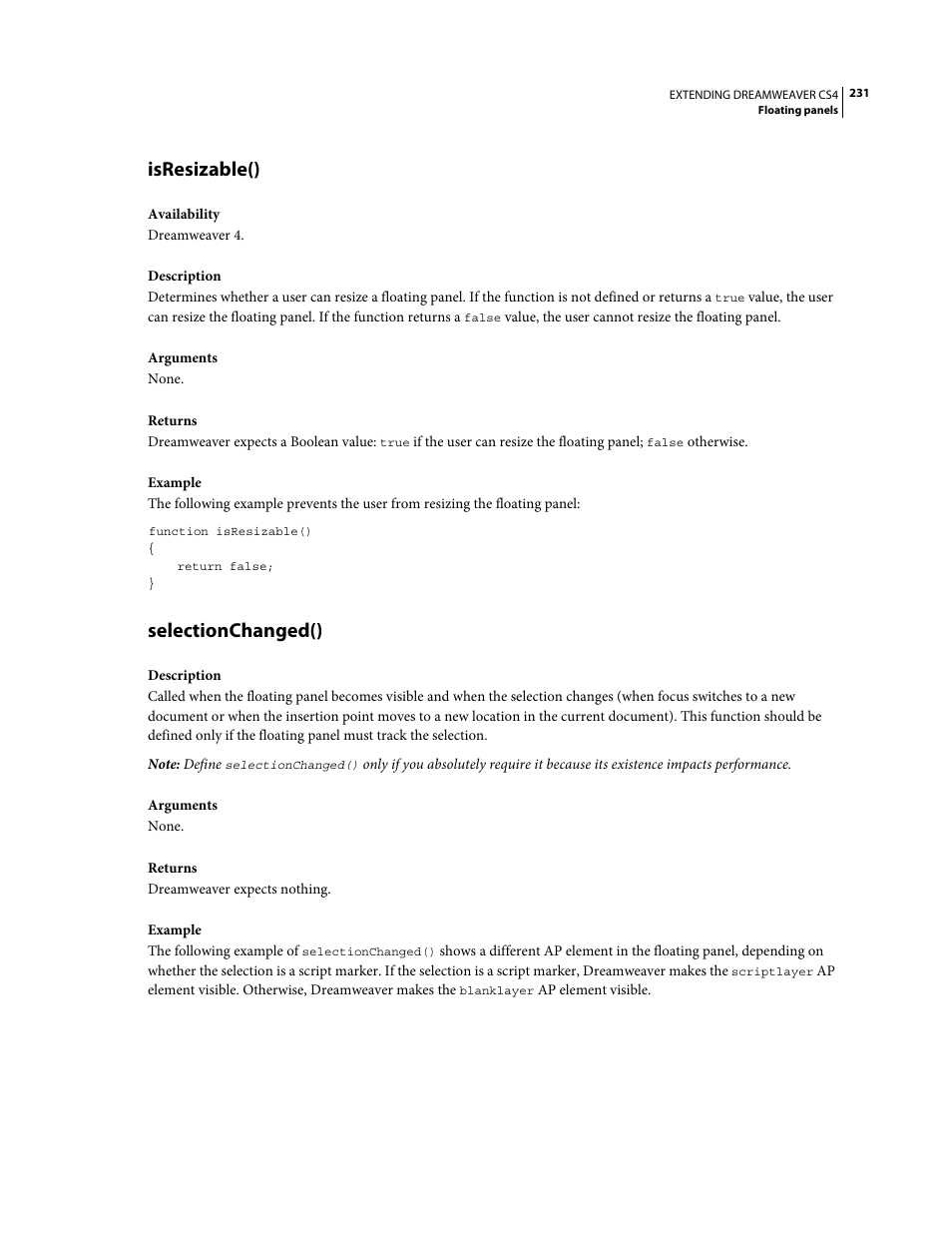 Isresizable(), Selectionchanged() | Adobe Extending Dreamweaver CS4 User Manual | Page 237 / 387