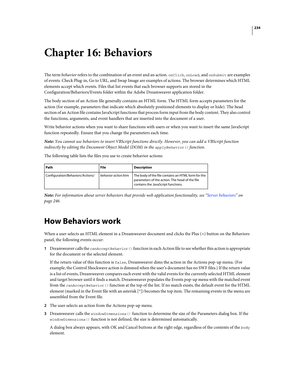 Chapter 16: behaviors, How behaviors work | Adobe Extending Dreamweaver CS4 User Manual | Page 240 / 387