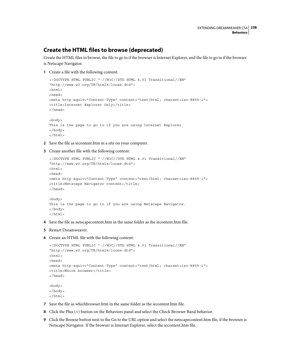 Create the html files to browse (deprecated) | Adobe Extending Dreamweaver CS4 User Manual | Page 244 / 387