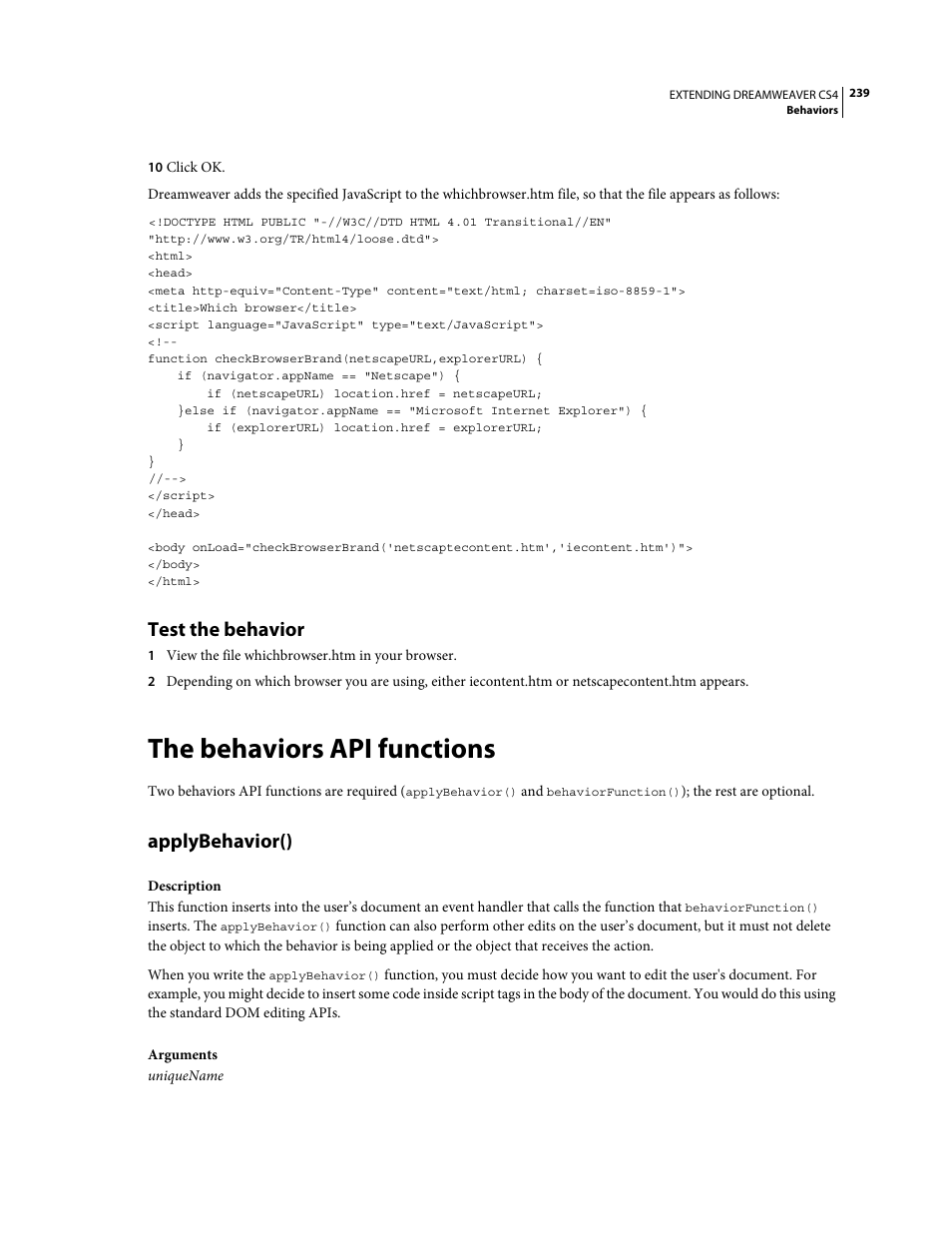 Test the behavior, The behaviors api functions, Applybehavior() | Adobe Extending Dreamweaver CS4 User Manual | Page 245 / 387