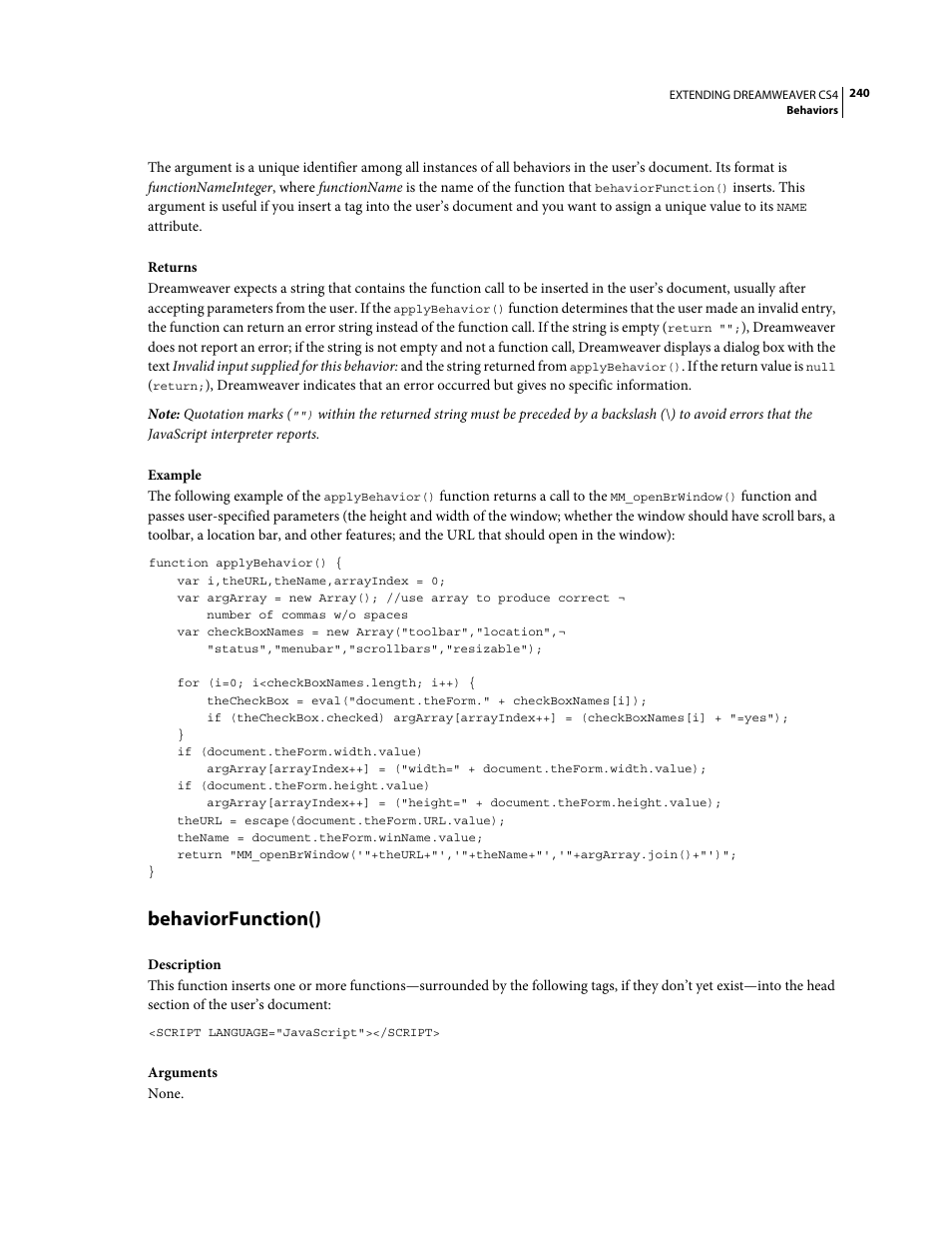 Behaviorfunction() | Adobe Extending Dreamweaver CS4 User Manual | Page 246 / 387