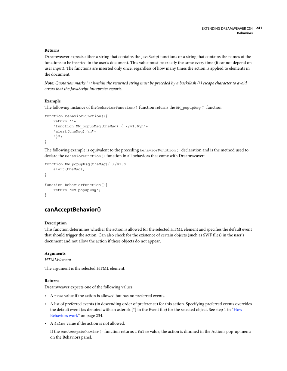 Canacceptbehavior() | Adobe Extending Dreamweaver CS4 User Manual | Page 247 / 387