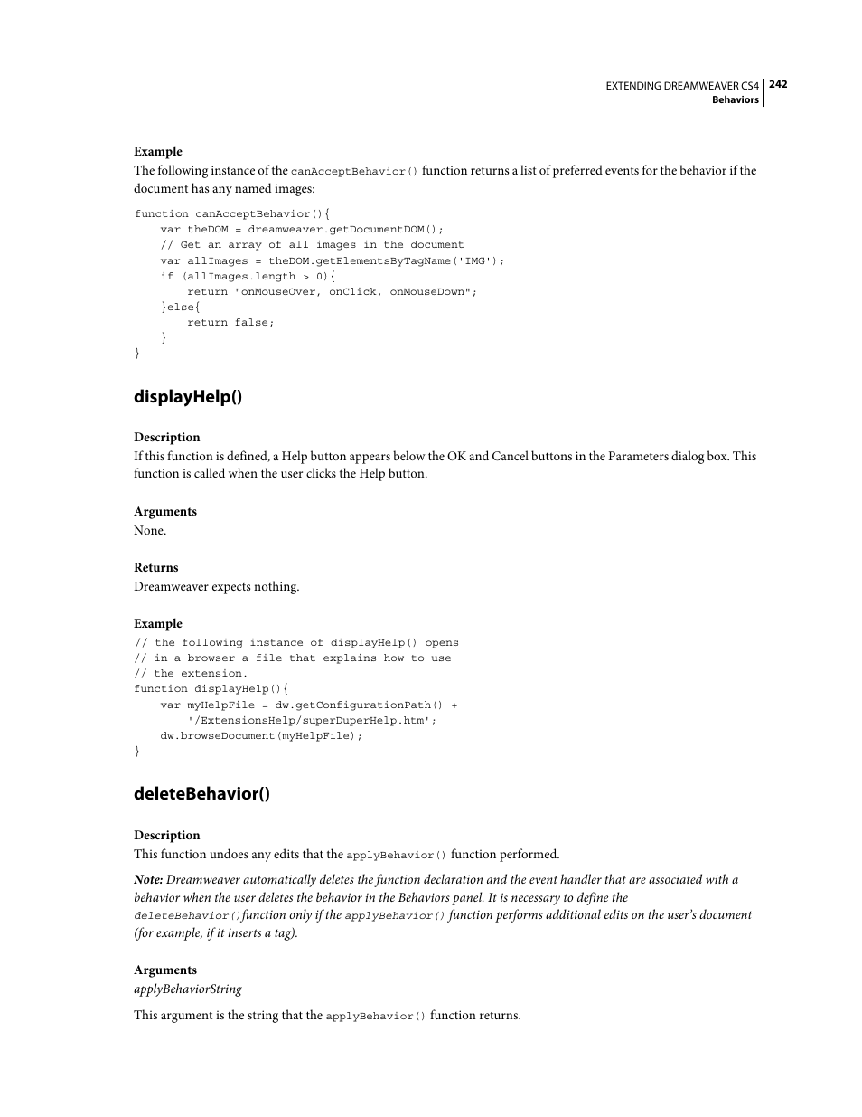 Displayhelp(), Deletebehavior() | Adobe Extending Dreamweaver CS4 User Manual | Page 248 / 387