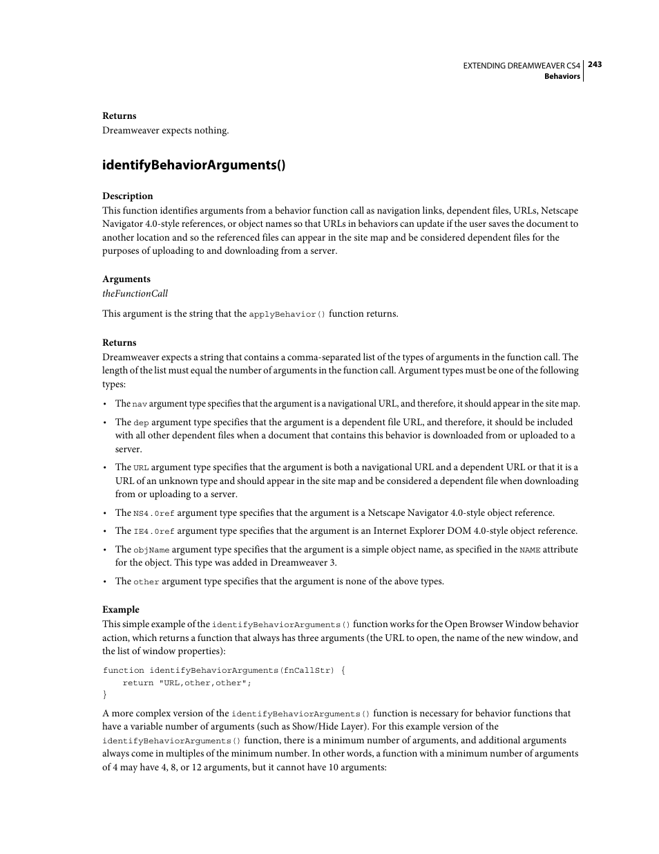 Identifybehaviorarguments() | Adobe Extending Dreamweaver CS4 User Manual | Page 249 / 387