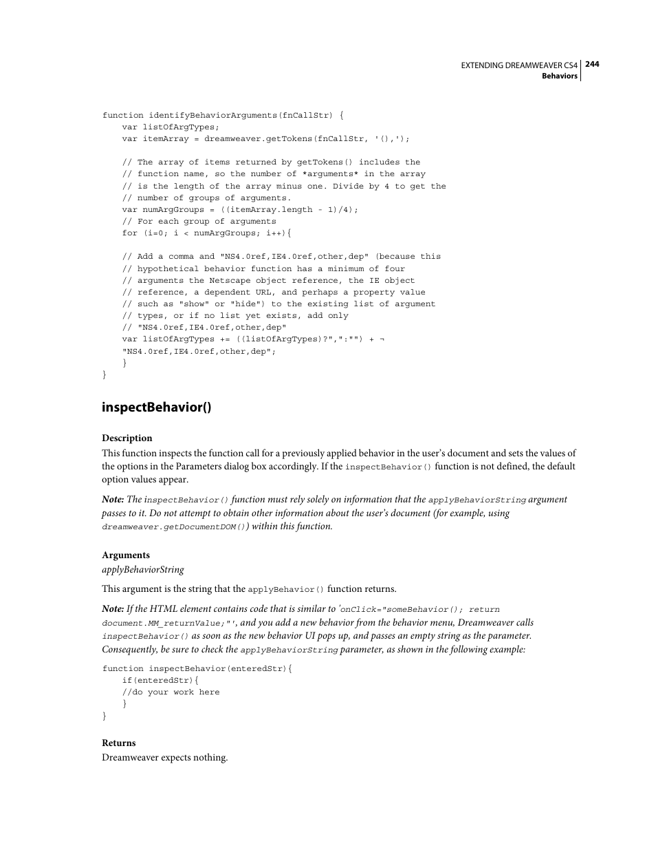 Inspectbehavior() | Adobe Extending Dreamweaver CS4 User Manual | Page 250 / 387