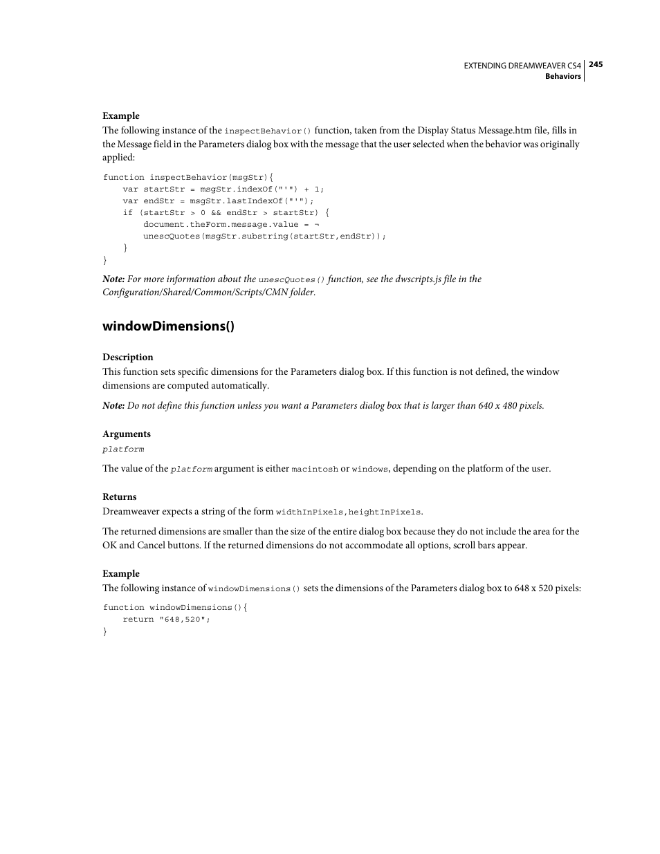 Windowdimensions() | Adobe Extending Dreamweaver CS4 User Manual | Page 251 / 387