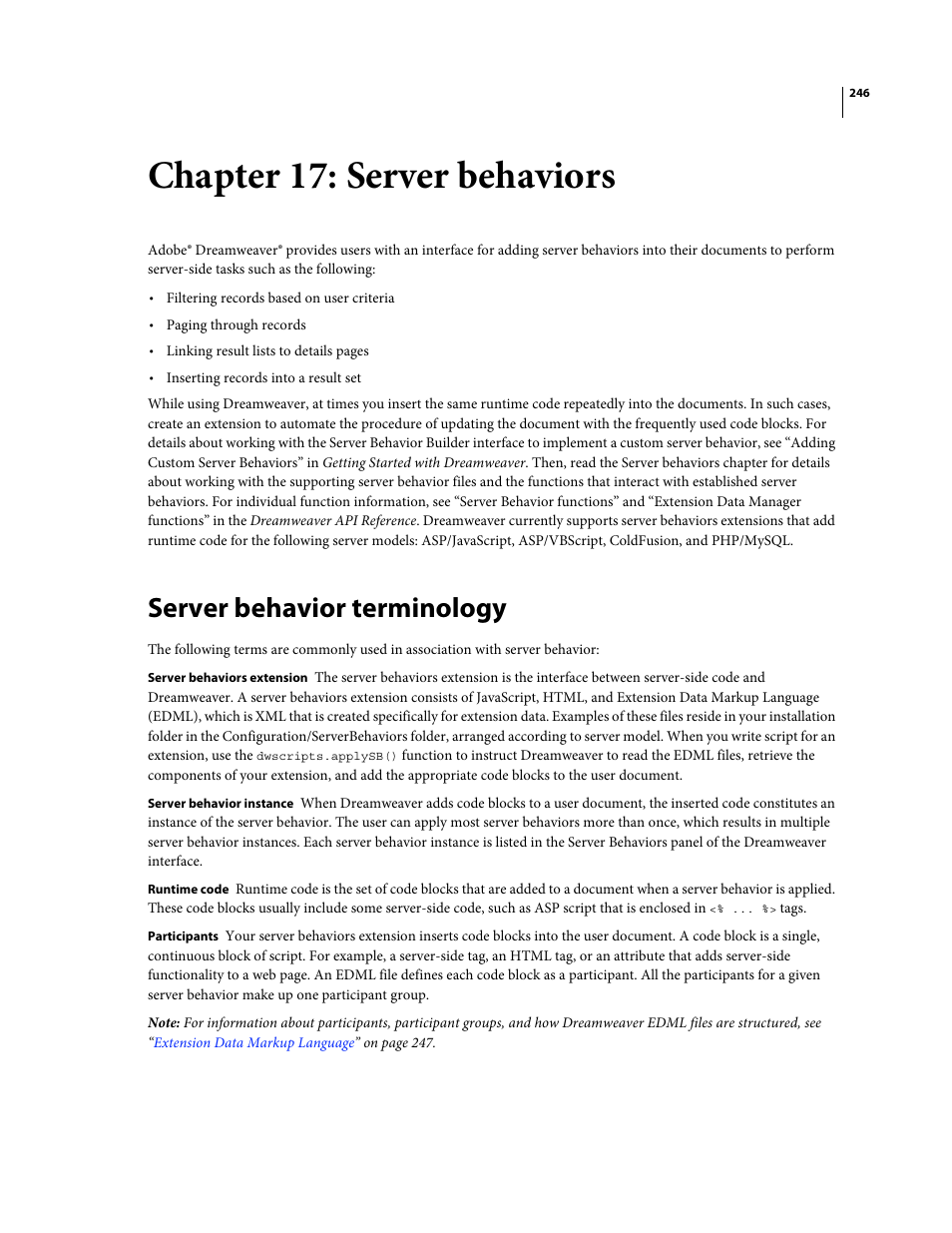 Chapter 17: server behaviors, Server behavior terminology, Server behaviors | Adobe Extending Dreamweaver CS4 User Manual | Page 252 / 387