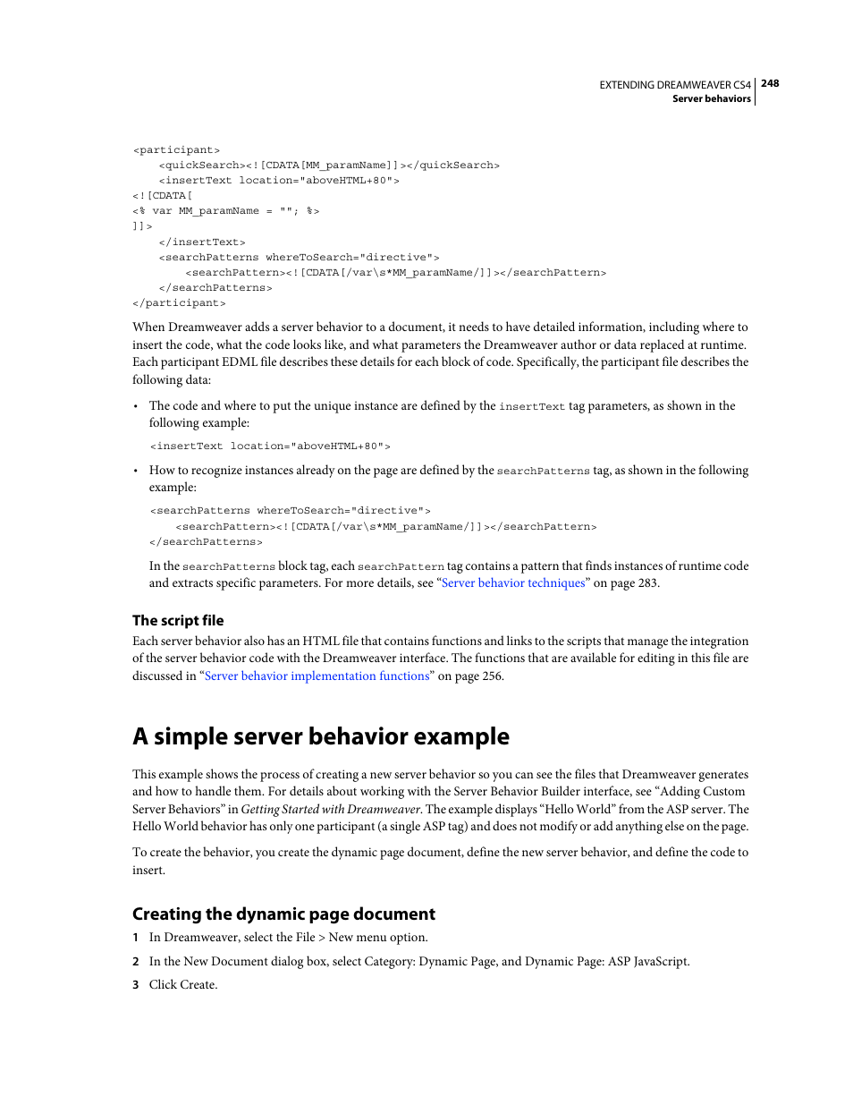 The script file, A simple server behavior example, Creating the dynamic page document | Adobe Extending Dreamweaver CS4 User Manual | Page 254 / 387