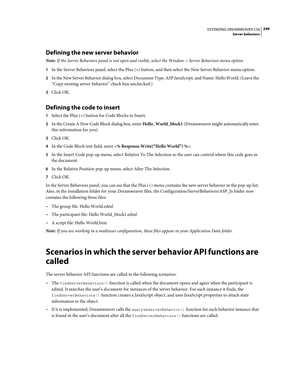 Defining the new server behavior, Defining the code to insert | Adobe Extending Dreamweaver CS4 User Manual | Page 255 / 387