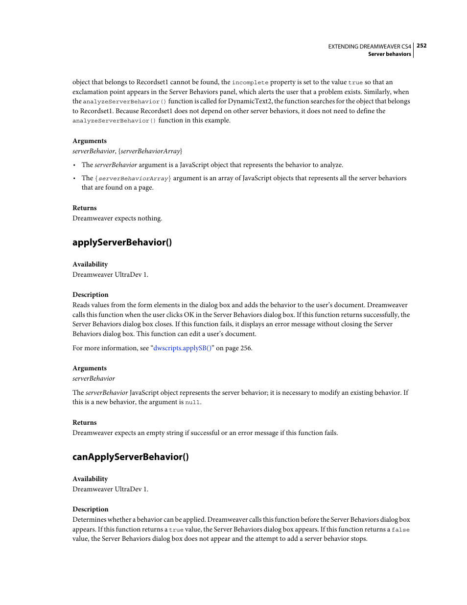 Applyserverbehavior(), Canapplyserverbehavior() | Adobe Extending Dreamweaver CS4 User Manual | Page 258 / 387