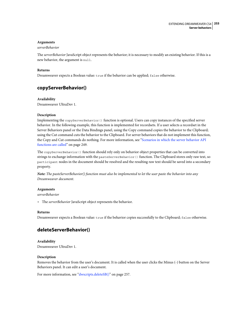 Copyserverbehavior(), Deleteserverbehavior() | Adobe Extending Dreamweaver CS4 User Manual | Page 259 / 387