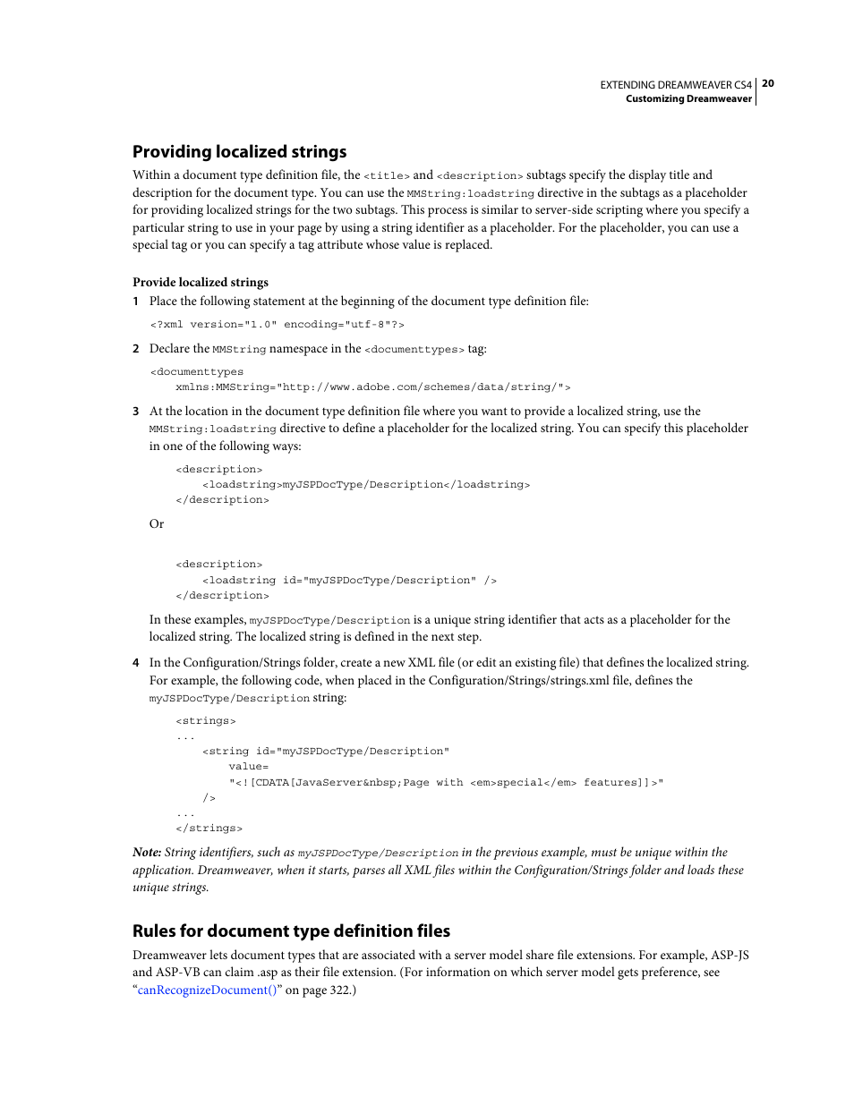 Providing localized strings, Rules for document type definition files, Providing localized | Strings, On localizing this string, see, Providing, Localized strings | Adobe Extending Dreamweaver CS4 User Manual | Page 26 / 387