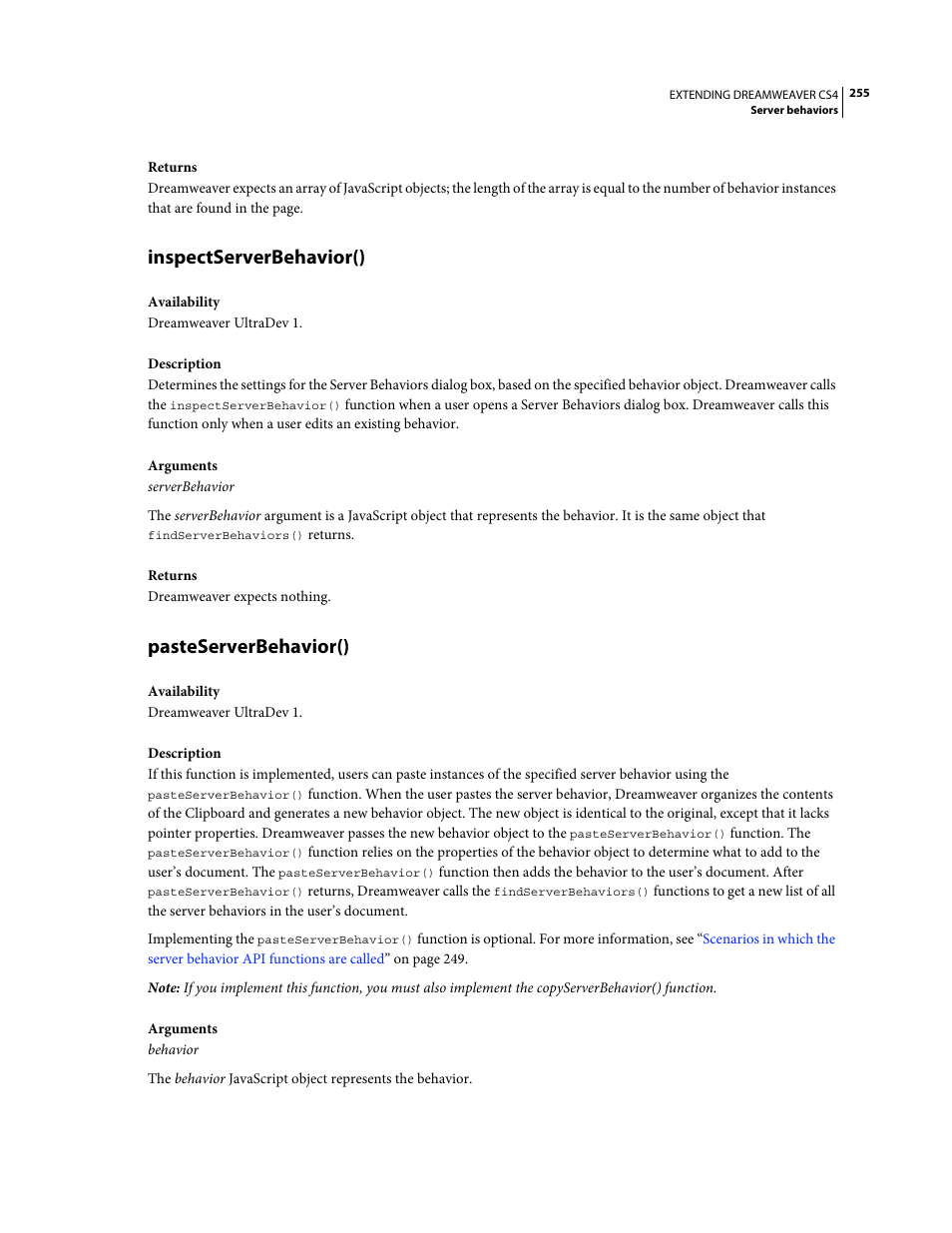 Inspectserverbehavior(), Pasteserverbehavior() | Adobe Extending Dreamweaver CS4 User Manual | Page 261 / 387