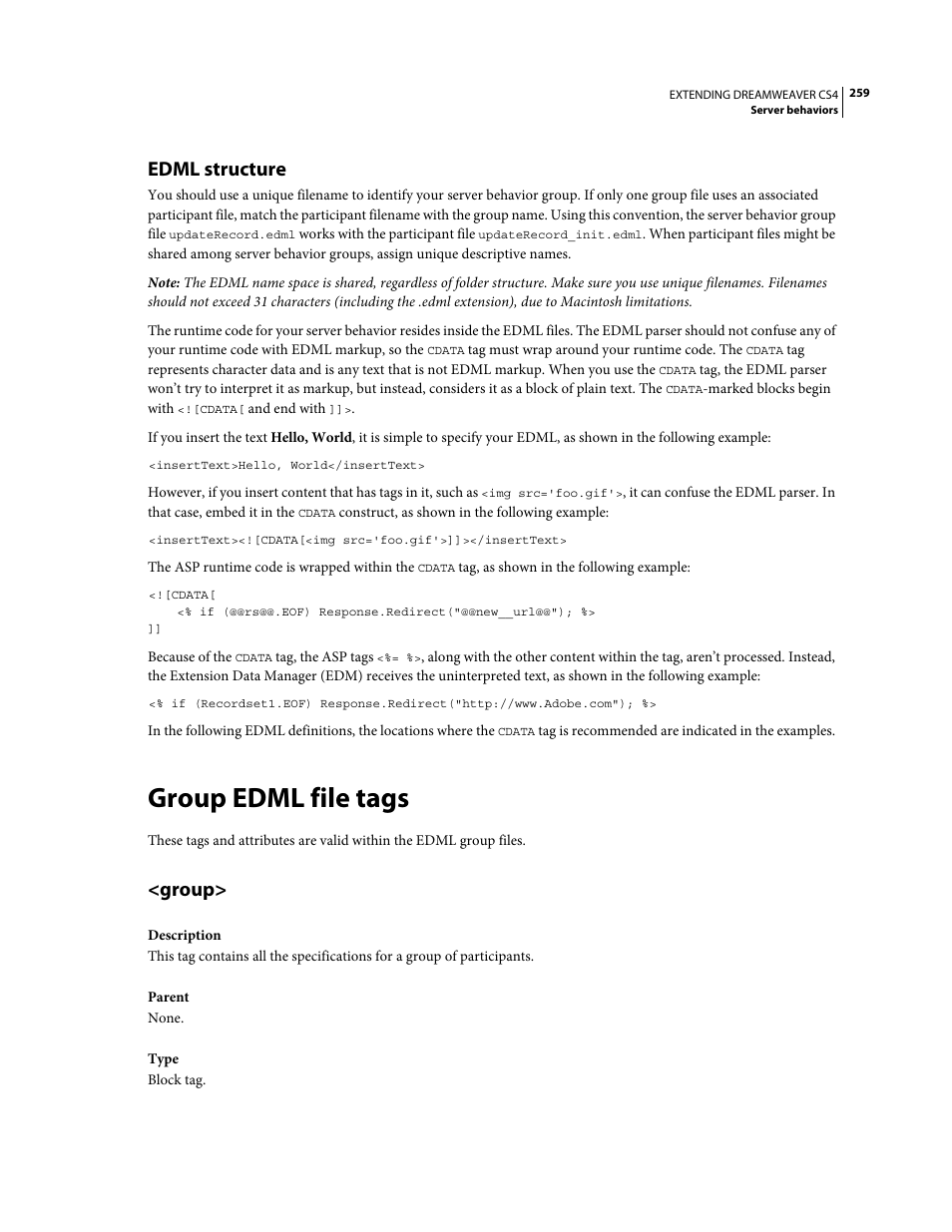 Edml structure, Group edml file tags, Group | Adobe Extending Dreamweaver CS4 User Manual | Page 265 / 387