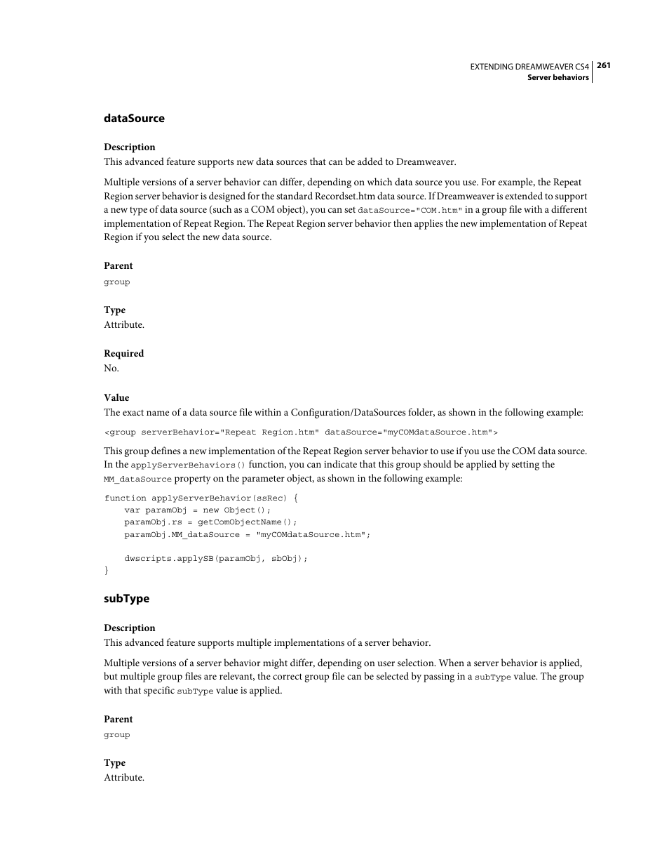 Datasource, Subtype | Adobe Extending Dreamweaver CS4 User Manual | Page 267 / 387