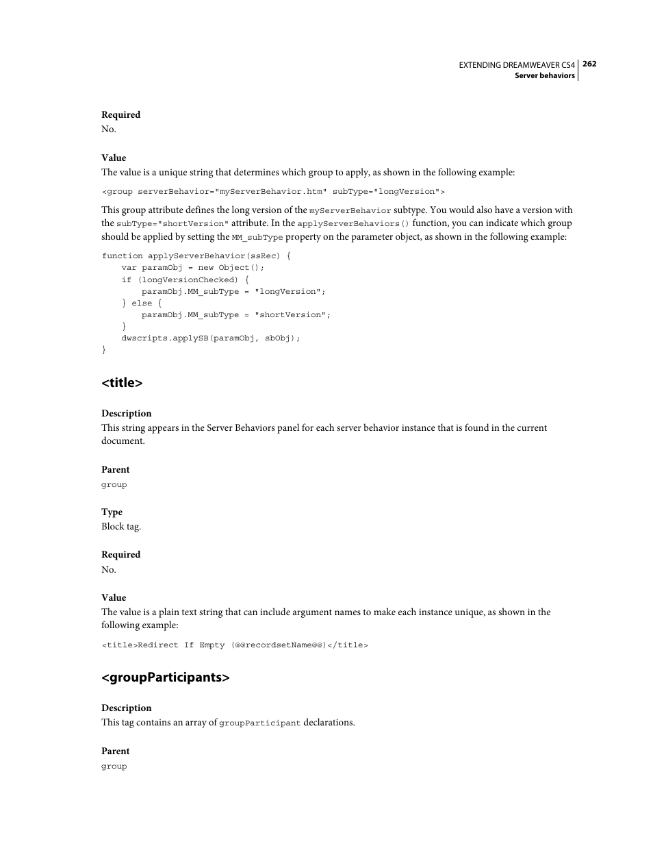 Title, Groupparticipants | Adobe Extending Dreamweaver CS4 User Manual | Page 268 / 387