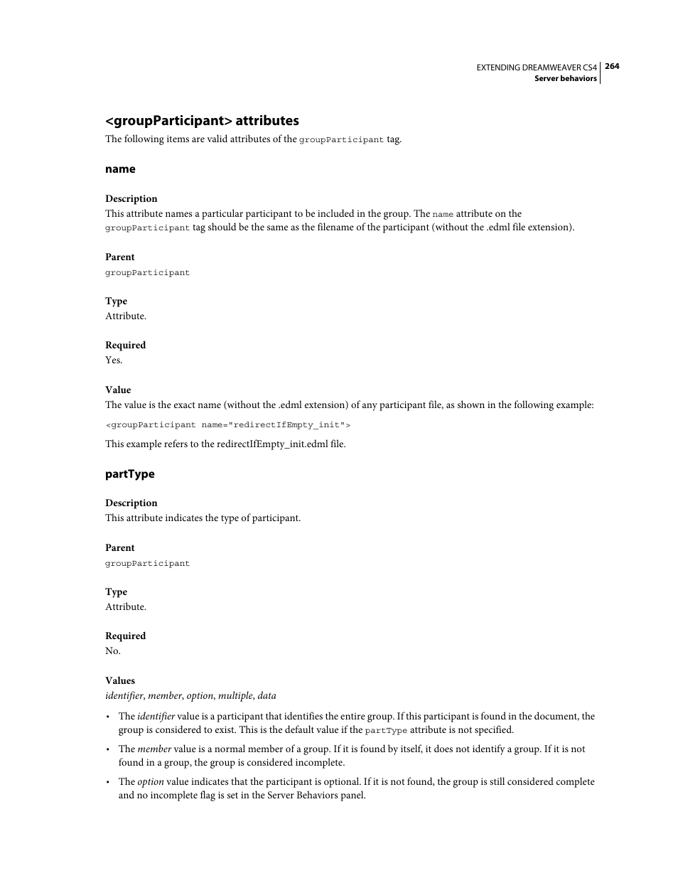 Groupparticipant> attributes, Name, Parttype | Adobe Extending Dreamweaver CS4 User Manual | Page 270 / 387