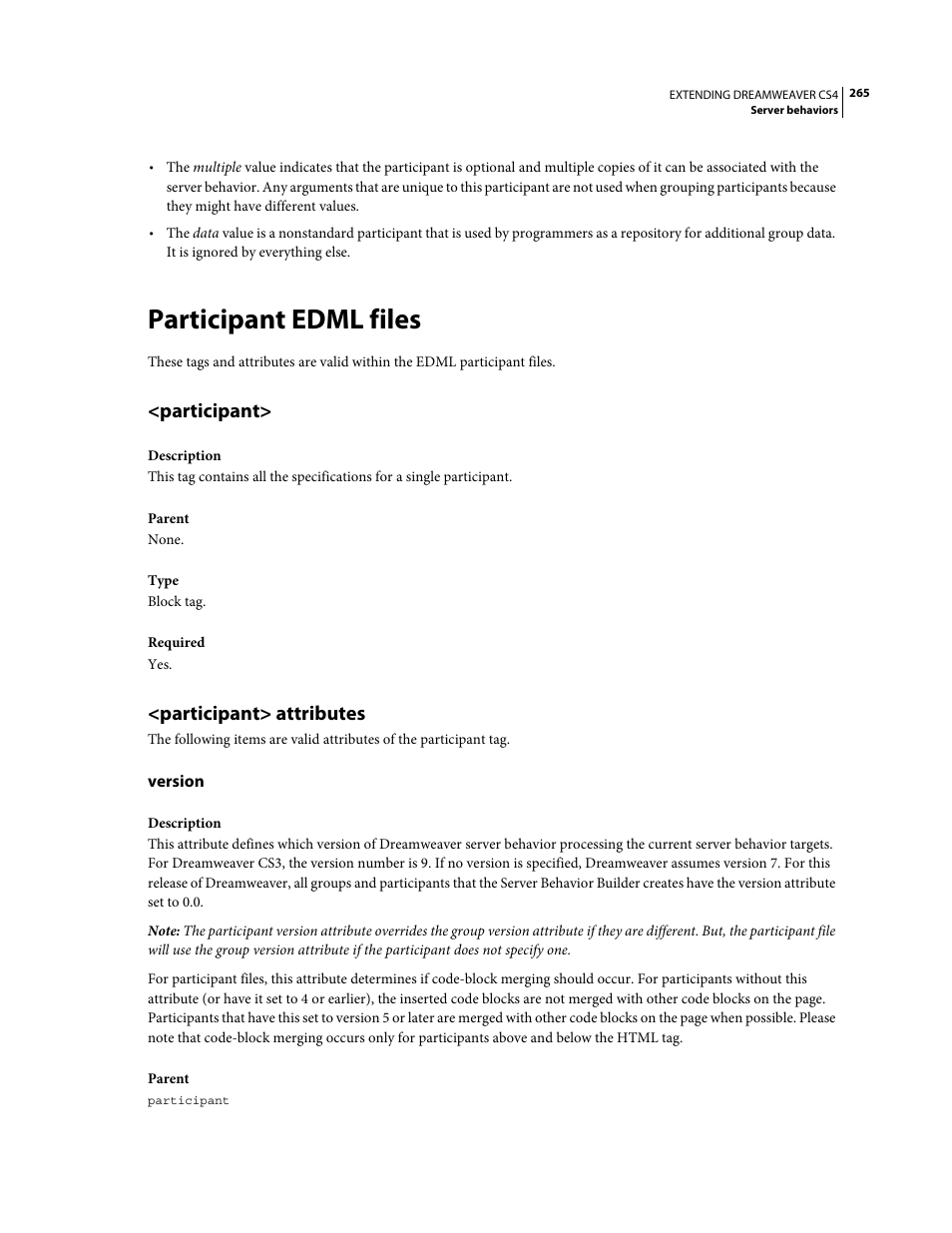 Participant edml files, Participant, Participant> attributes | Version | Adobe Extending Dreamweaver CS4 User Manual | Page 271 / 387