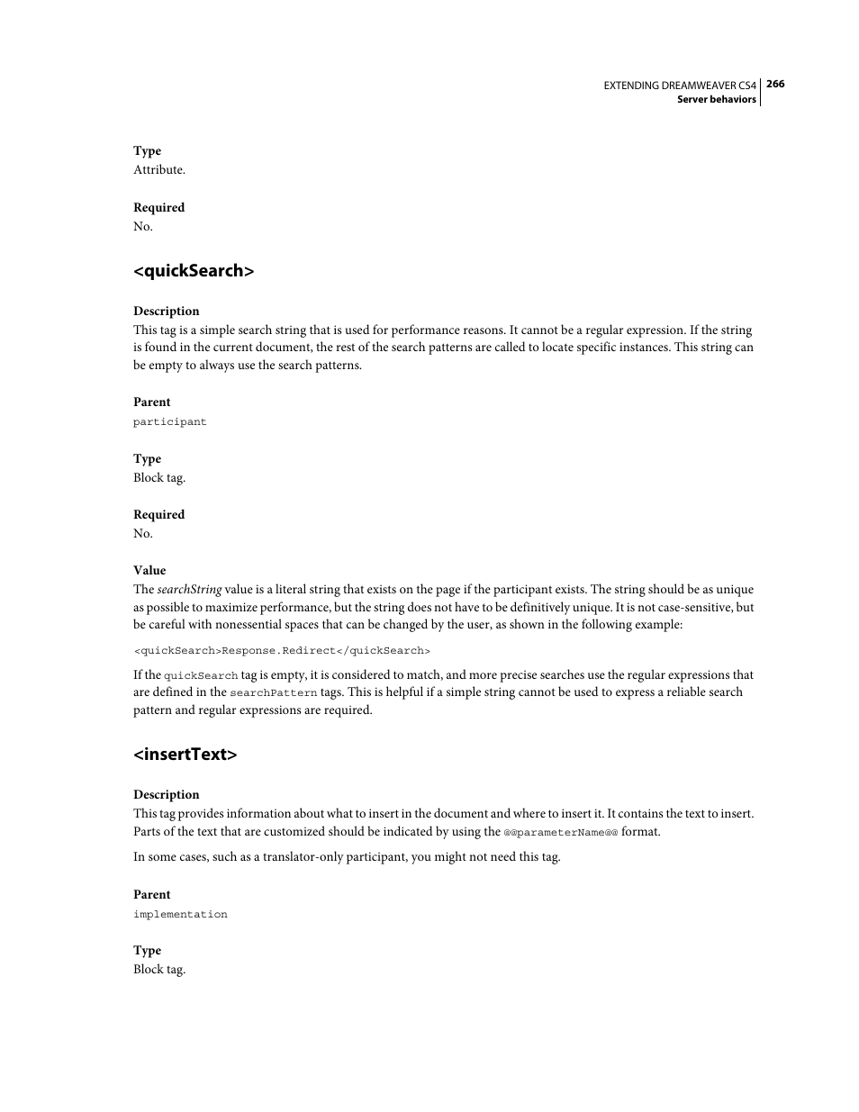 Quicksearch, Inserttext | Adobe Extending Dreamweaver CS4 User Manual | Page 272 / 387