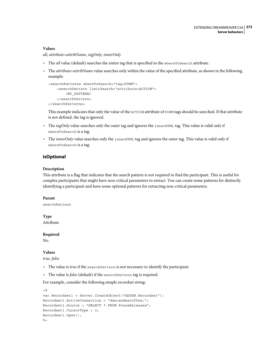 Isoptional | Adobe Extending Dreamweaver CS4 User Manual | Page 279 / 387