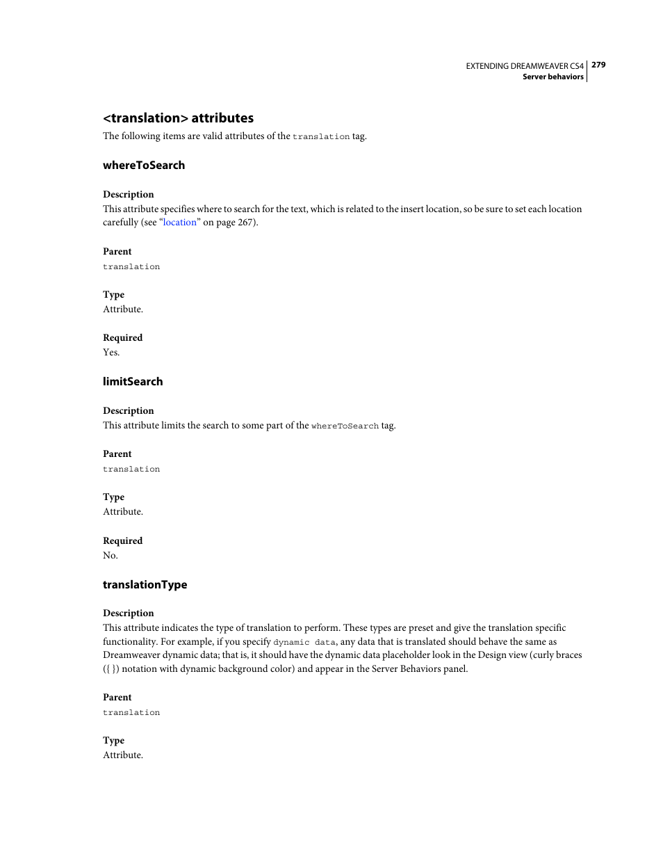 Translation> attributes, Wheretosearch, Limitsearch | Translationtype | Adobe Extending Dreamweaver CS4 User Manual | Page 285 / 387