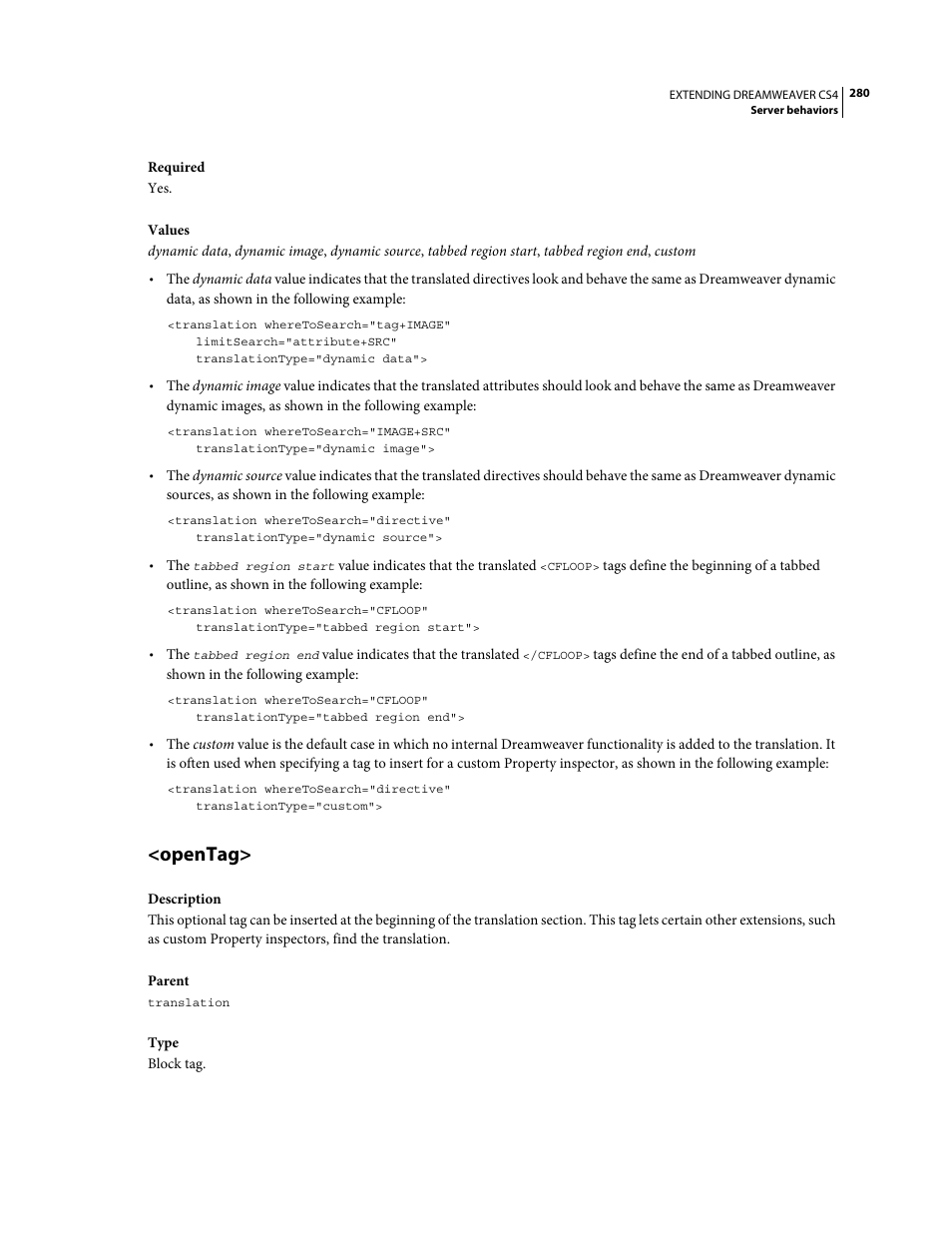 Opentag | Adobe Extending Dreamweaver CS4 User Manual | Page 286 / 387