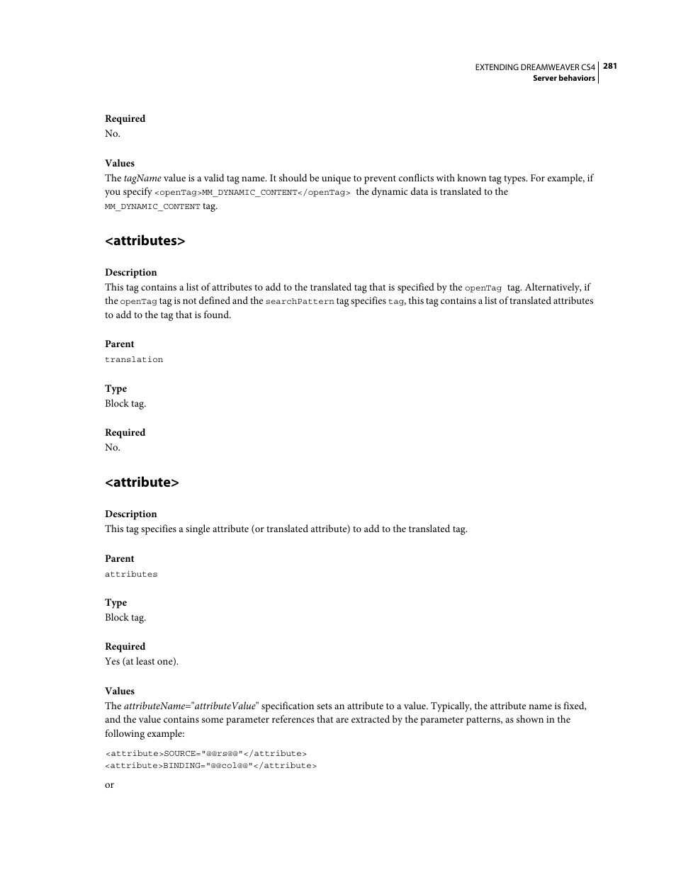 Attributes, Attribute | Adobe Extending Dreamweaver CS4 User Manual | Page 287 / 387