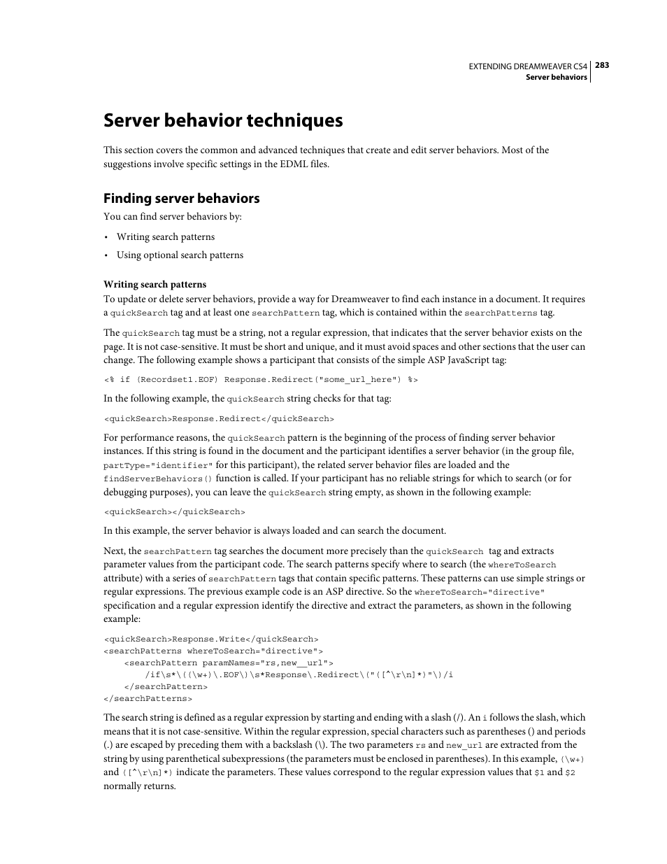 Server behavior techniques, Finding server behaviors | Adobe Extending Dreamweaver CS4 User Manual | Page 289 / 387