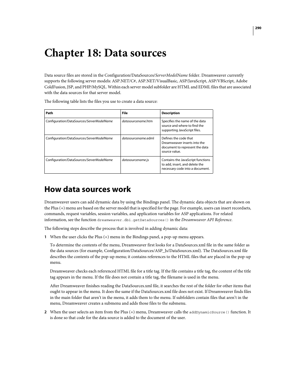 Chapter 18: data sources, How data sources work | Adobe Extending Dreamweaver CS4 User Manual | Page 296 / 387