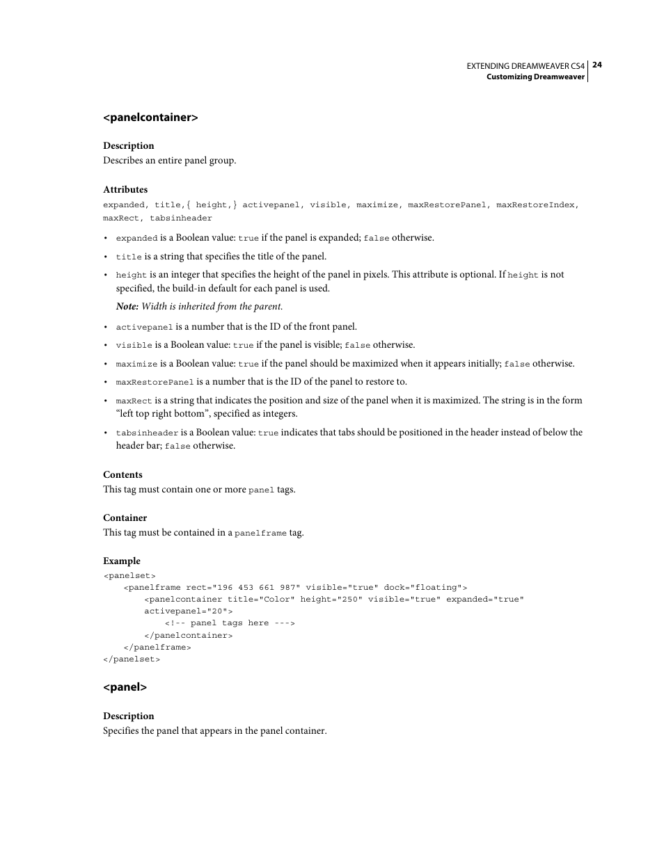 Panelcontainer, Panel | Adobe Extending Dreamweaver CS4 User Manual | Page 30 / 387