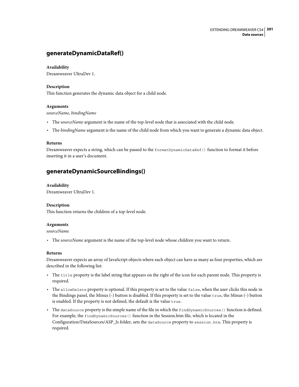 Generatedynamicdataref(), Generatedynamicsourcebindings() | Adobe Extending Dreamweaver CS4 User Manual | Page 307 / 387