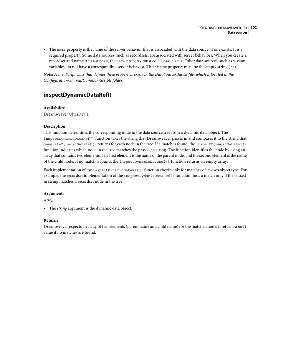 Inspectdynamicdataref() | Adobe Extending Dreamweaver CS4 User Manual | Page 308 / 387