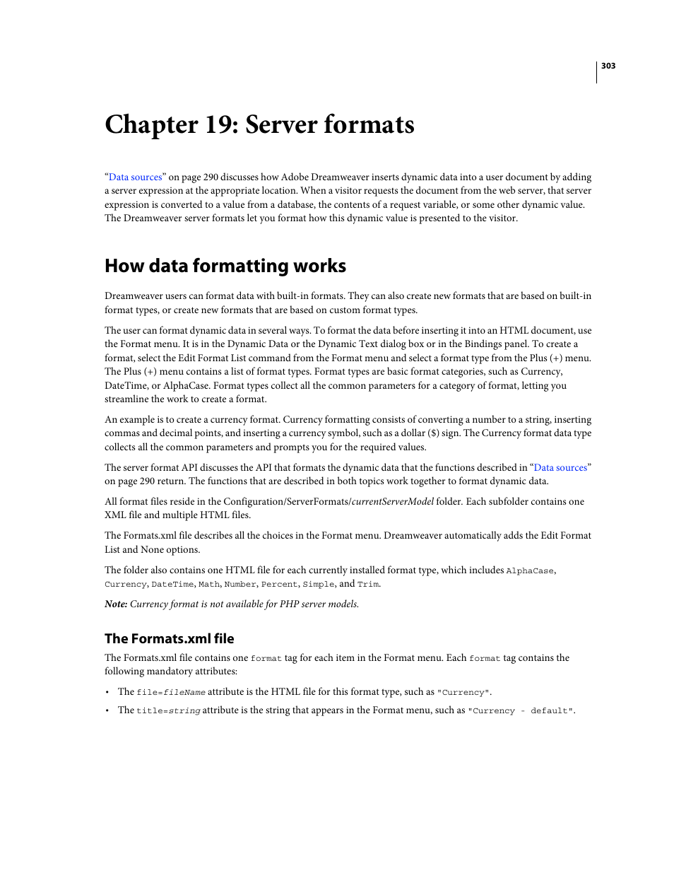 Chapter 19: server formats, How data formatting works, The formats.xml file | Adobe Extending Dreamweaver CS4 User Manual | Page 309 / 387