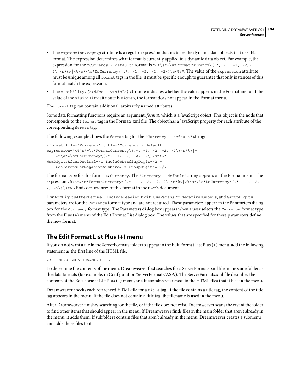 The edit format list plus (+) menu | Adobe Extending Dreamweaver CS4 User Manual | Page 310 / 387