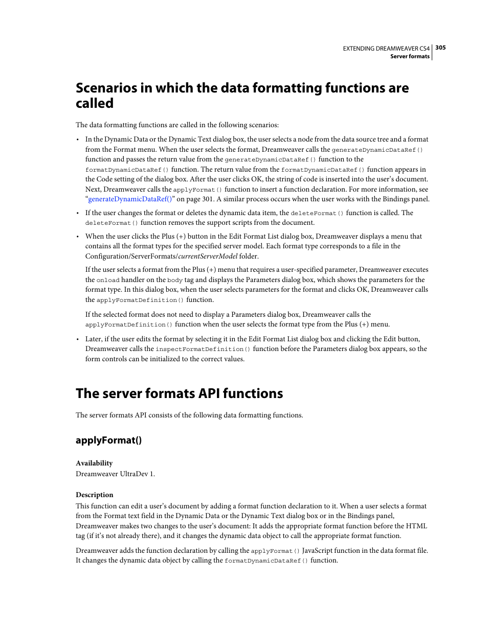 The server formats api functions, Applyformat() | Adobe Extending Dreamweaver CS4 User Manual | Page 311 / 387