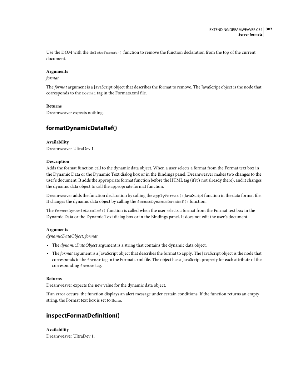 Formatdynamicdataref(), Inspectformatdefinition() | Adobe Extending Dreamweaver CS4 User Manual | Page 313 / 387