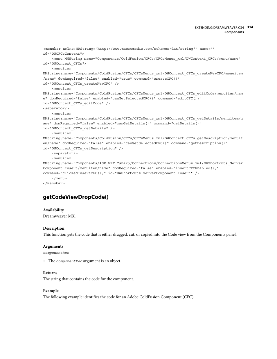 Getcodeviewdropcode() | Adobe Extending Dreamweaver CS4 User Manual | Page 320 / 387
