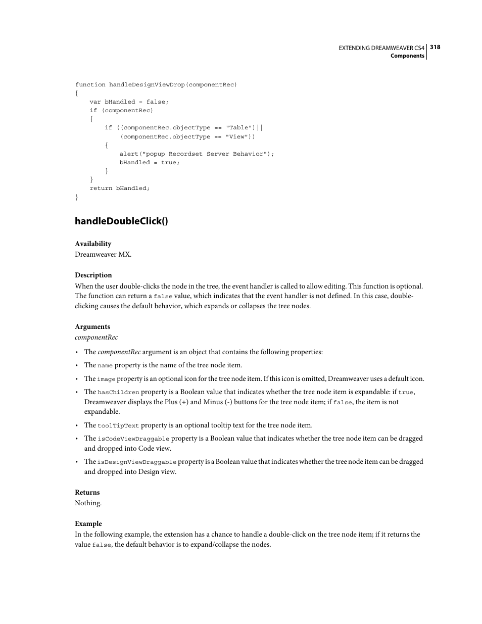 Handledoubleclick() | Adobe Extending Dreamweaver CS4 User Manual | Page 324 / 387