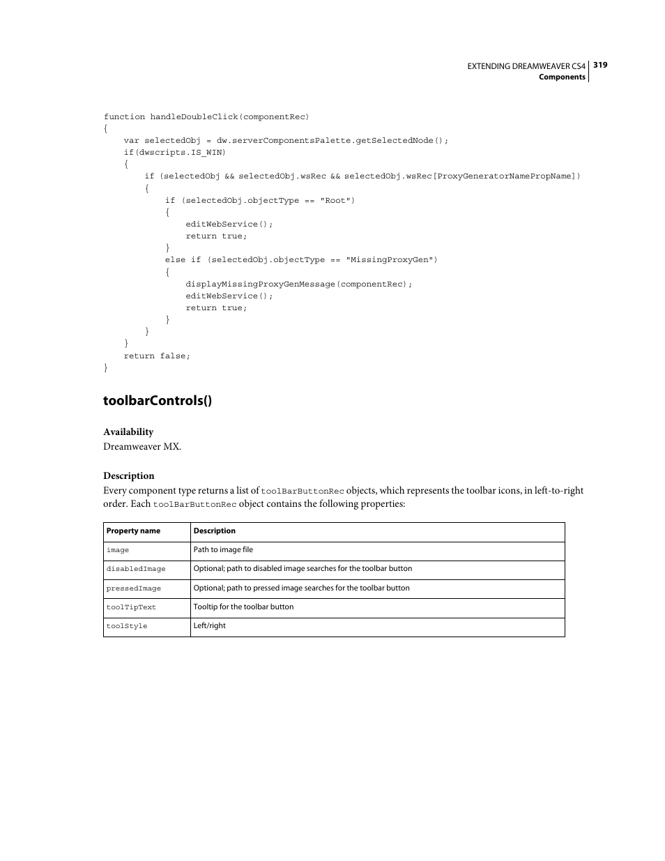 Toolbarcontrols() | Adobe Extending Dreamweaver CS4 User Manual | Page 325 / 387