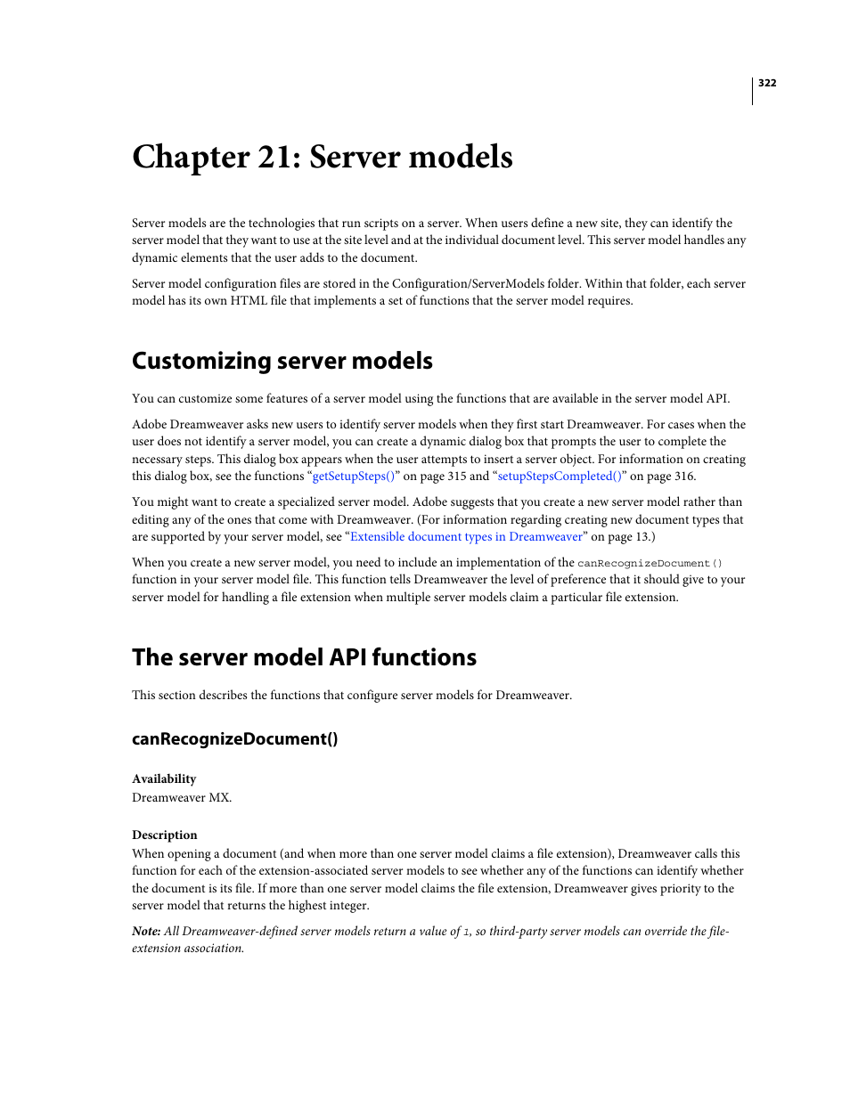 Chapter 21: server models, Customizing server models, The server model api functions | Canrecognizedocument(), Server models | Adobe Extending Dreamweaver CS4 User Manual | Page 328 / 387