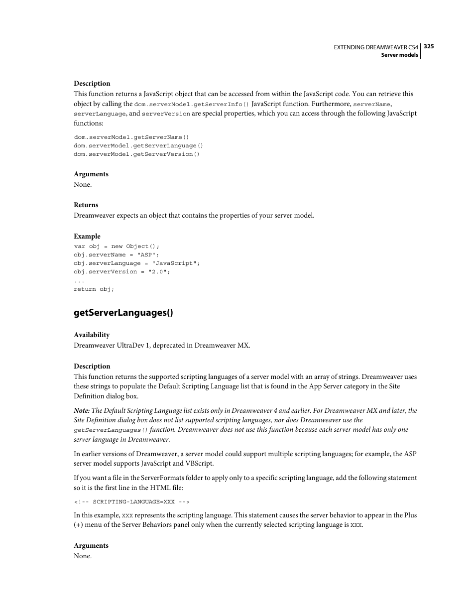 Getserverlanguages() | Adobe Extending Dreamweaver CS4 User Manual | Page 331 / 387