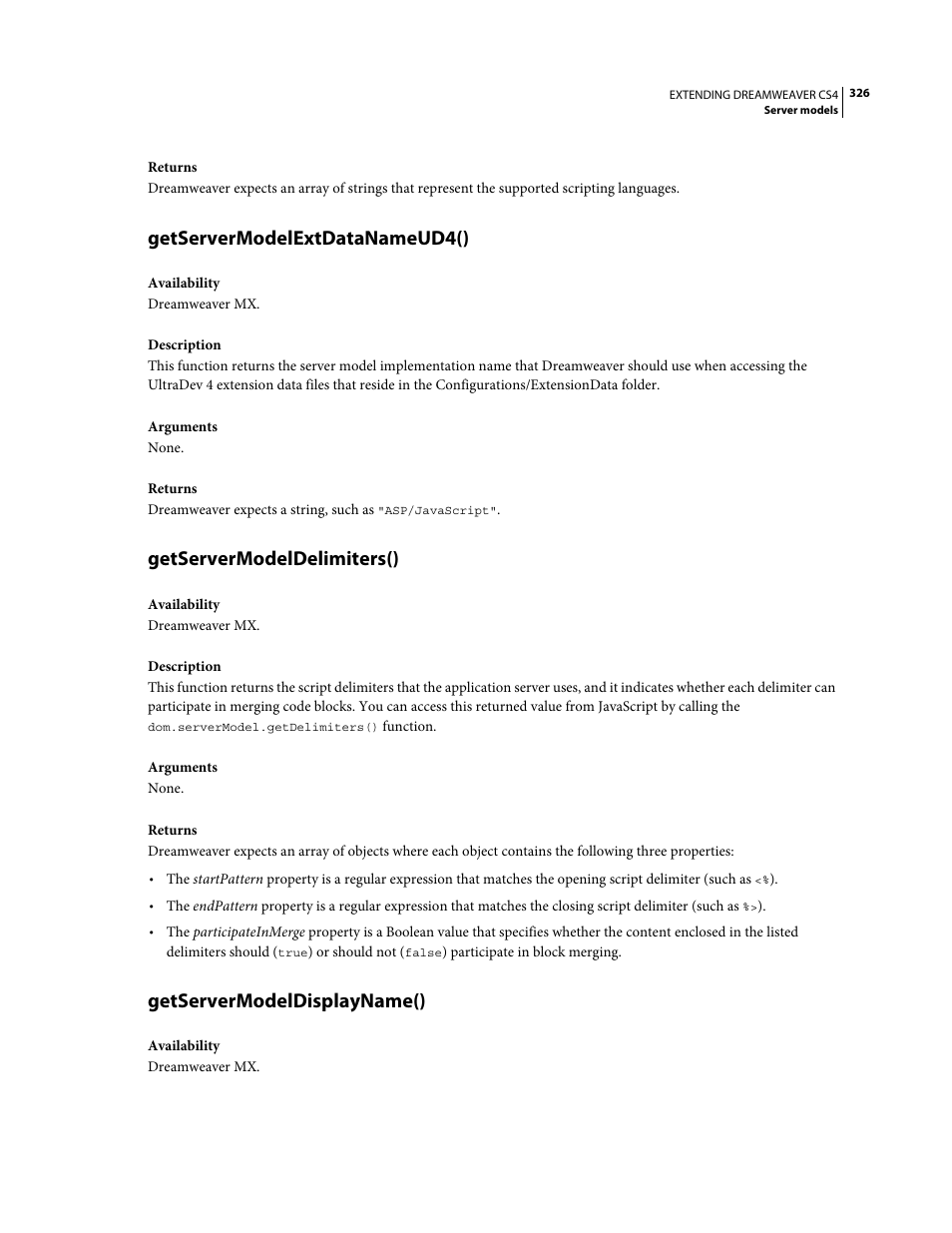 Getservermodelextdatanameud4(), Getservermodeldelimiters(), Getservermodeldisplayname() | Adobe Extending Dreamweaver CS4 User Manual | Page 332 / 387