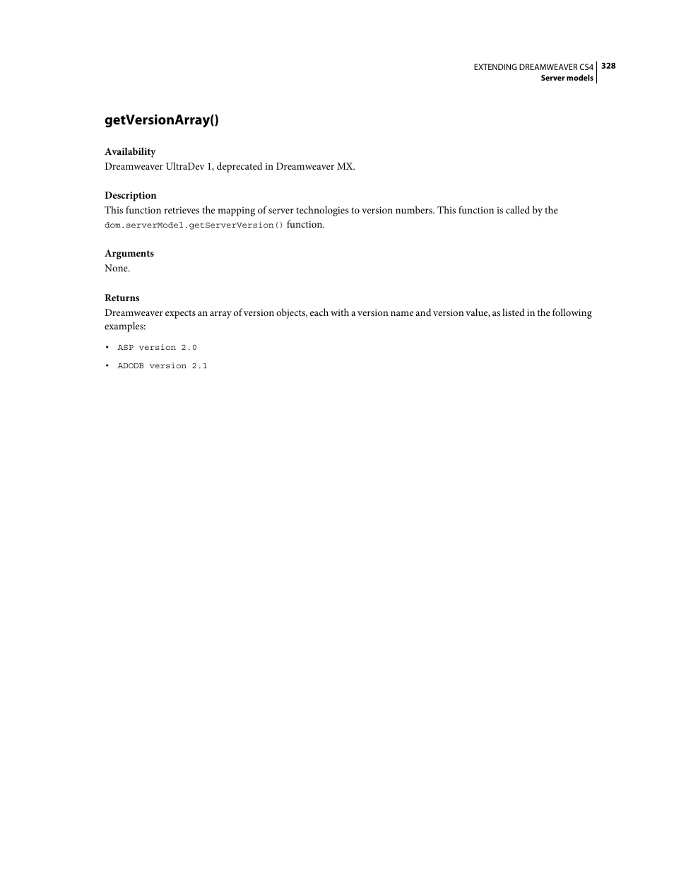Getversionarray() | Adobe Extending Dreamweaver CS4 User Manual | Page 334 / 387
