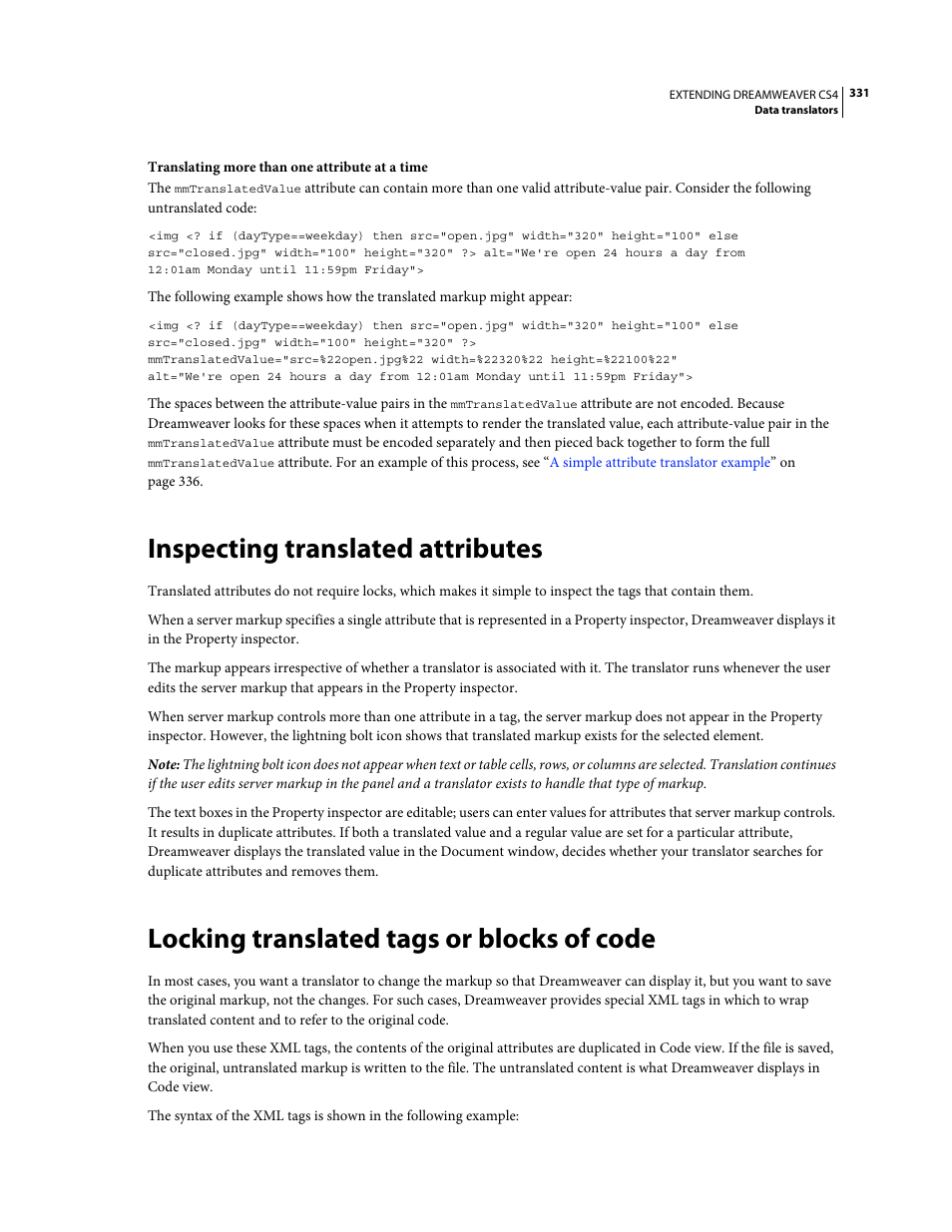 Inspecting translated attributes, Locking translated tags or blocks of code, Original code (see | Adobe Extending Dreamweaver CS4 User Manual | Page 337 / 387